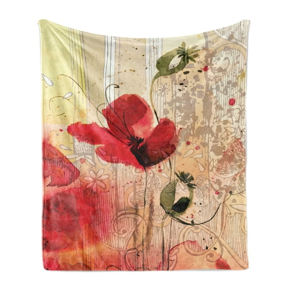 Flower Soft Flannel Fleece Throw Blanket, Red Poppy Flower Paint Brush Effect Beige Floral Design Digi Art Composition, Cozy Plush for Indoor and Outdoor Use, 50" x 70", Multicolor, by Ambesonne