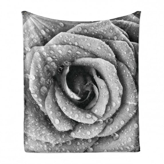 Flower Soft Flannel Fleece Throw Blanket, Retro Romantic Rose Petal with Rain Water Drops Valentines Love Picture, Cozy Plush for Indoor and Outdoor Use, 60" x 80", Black and White, by Ambesonne