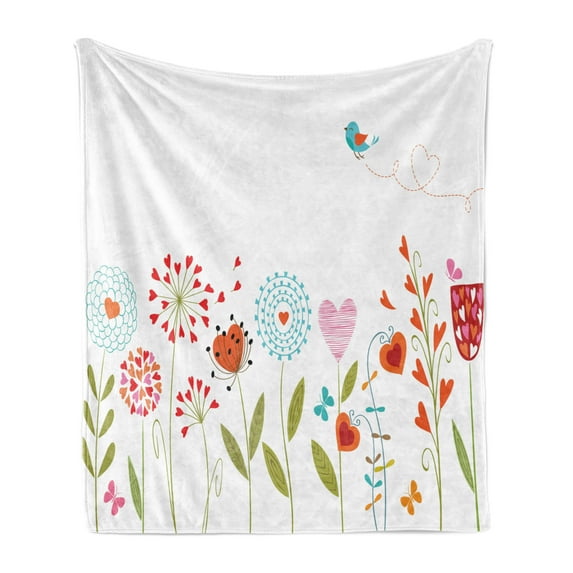 Flower Soft Flannel Fleece Throw Blanket, Romantic Design with Flowers Hearts Birds and Leaves Stripes Lines Artwork Print, Cozy Plush for Indoor and Outdoor Use, 70" x 90", Multicolor, by Ambesonne