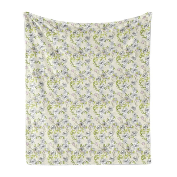 Flower Soft Flannel Fleece Throw Blanket, Romantic Flowers and Leaves Soft Tone Background Print, Cozy Plush for Indoor and Outdoor Use, 50" x 70", Yellow Green Eggshell, by Ambesonne