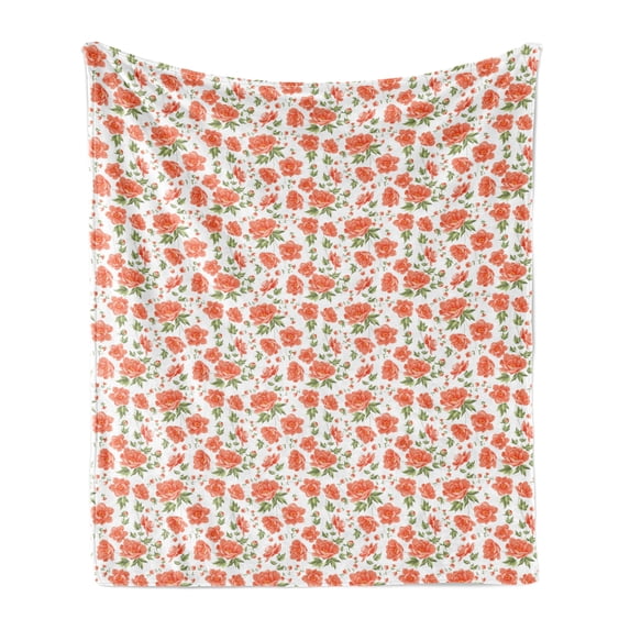 Flower Soft Flannel Fleece Throw Blanket, Romantic and Vintage Gardening Plants Bridal Theme Buds and Blossoms, Cozy Plush for Indoor and Outdoor Use, 50" x 60", Reseda Green Salmon, by Ambesonne