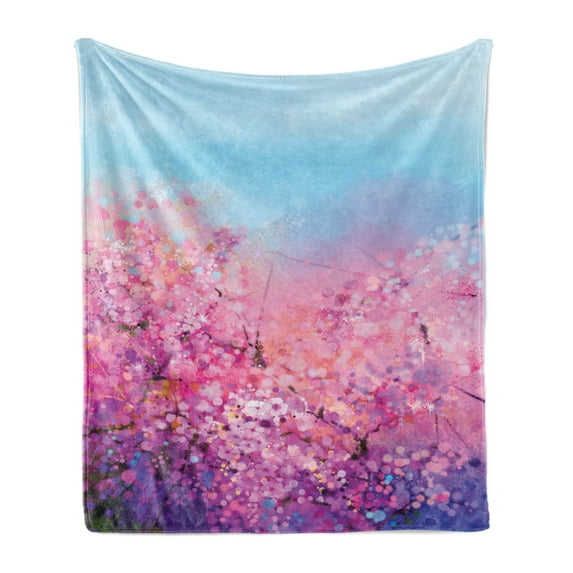 Flower Soft Flannel Fleece Throw Blanket, Sakura Blossom Floral Beauty with Sky Japanese Inspired Cherry Spring Theme, Cozy Plush for Indoor and Outdoor Use, 50" x 70", Purple Pale Blue, by Ambesonne