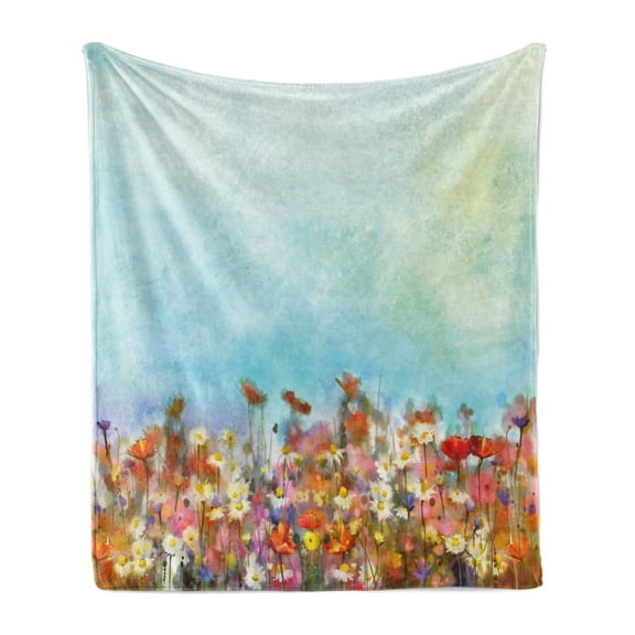 Flower Soft Flannel Fleece Throw Blanket, Several Kind of Flower Beds in Sun Summer Season Aquarelle Technique Design Print, Cozy Plush for Indoor and Outdoor Use, 50" x 70", Multicolor, by Ambesonne