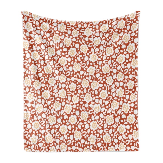 Flower Soft Flannel Fleece Throw Blanket, Silhouettes Pattern on Warm Colored Background Spring Composition Simplistic, Cozy Plush for Indoor and Outdoor Use, 70" x 90", Rust and White, by Ambesonne