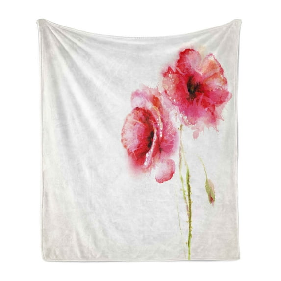 Flower Soft Flannel Fleece Throw Blanket, Spring Season Vivid Florals Red Poppies Watercolored Art Print, Cozy Plush for Indoor and Outdoor Use, 60" x 80", Pale Green Hot Pink, by Ambesonne