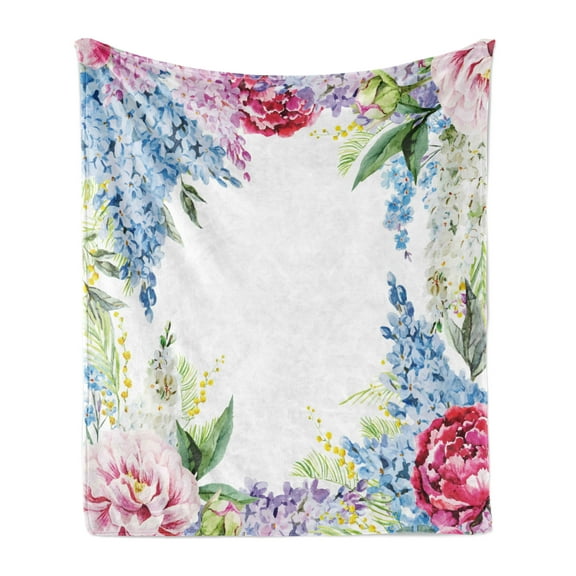 Flower Soft Flannel Fleece Throw Blanket, Springtime Fragrance Garland Bunch of Flowers Lilac Lavender Rose Peony Print, Cozy Plush for Indoor and Outdoor Use, 50" x 70", Multicolor, by Ambesonne