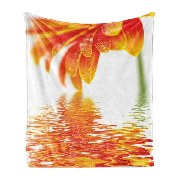 Flower Soft Flannel Fleece Throw Blanket, Sun Flora Reflection on the Water in a Rainy Day Leaves in a Water River Photo, Cozy Plush for Indoor and Outdoor Use, 60" x 80", Orange, by Ambesonne