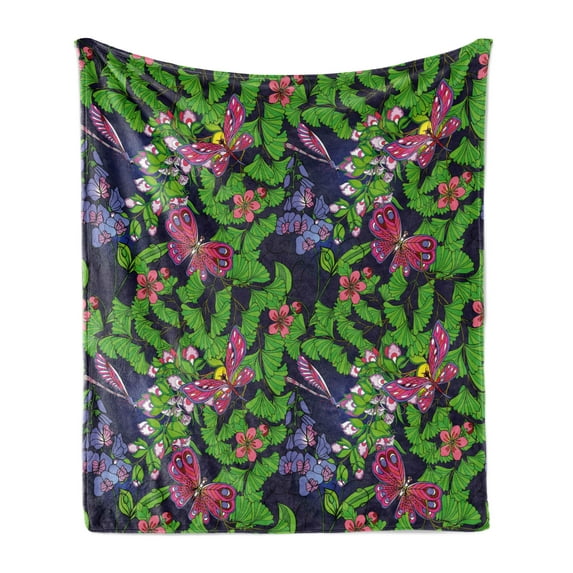 Flower Soft Flannel Fleece Throw Blanket, Tropical Vivid Petal Leaf Butterfly Dragonfly Forest Artwork, Cozy Plush for Indoor and Outdoor Use, 60" x 80", Navy Blue Fern Green, by Ambesonne