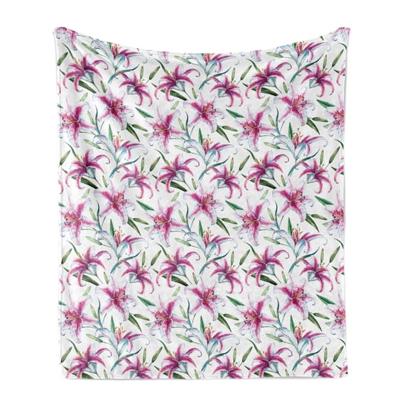 Flower Soft Flannel Fleece Throw Blanket, Tropical Watercolors Vivid Lively Lily Flower Wild Nature Plants Image, Cozy Plush for Indoor and Outdoor Use, 50" x 70", Purple Green, by Ambesonne