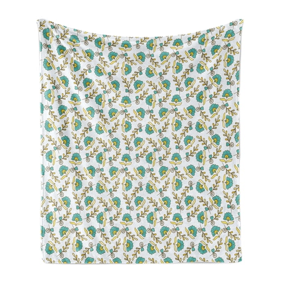 Flower Soft Flannel Fleece Throw Blanket, Vibrant Petals Branches Flourish with Classic Vintage Effects, Cozy Plush for Indoor and Outdoor Use, 70" x 90", Grey Apple Green, by Ambesonne