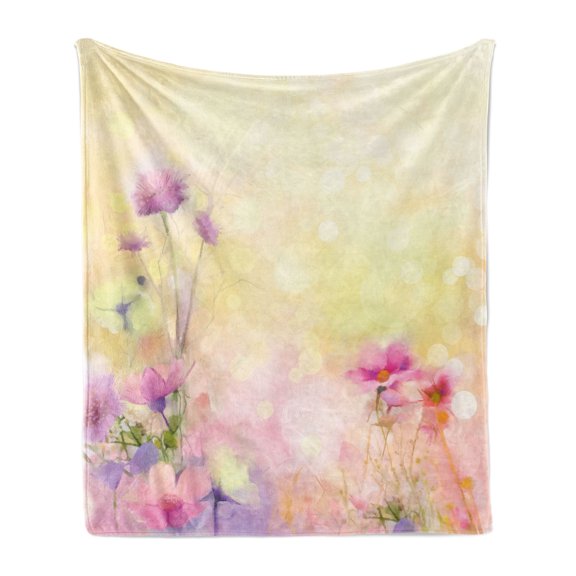 Flower Soft Flannel Fleece Throw Blanket, Vintage Soft Colored Feminine Magnolia Blooms Whorls Motif Artwork Print, Cozy Plush for Indoor and Outdoor Use, 60" x 80", Pink Pale Yellow, by Ambesonne