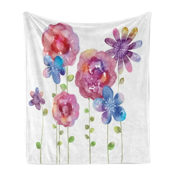 Flower Soft Flannel Fleece Throw Blanket, Watercolors Illustration of Different Kinds of Flowers Boho Style Pattern, Cozy Plush for Indoor and Outdoor Use, 60" x 80", Pink Purple Blue, by Ambesonne