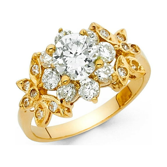 Flower Solitaire CZ Engagement Ring 14k Yellow Gold Anniversary Round Cluster Band Side Stones, Size 5.5