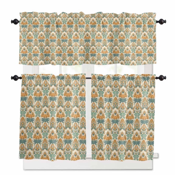 Flower Southwest Ethnic Group Kitchen Curtains Valance and Tier Set Country Retro Style Rod Pocket Short Curtains for Small Window 3 Pieces Set for Bedroom Bathroom Cafe (54" x 18"+27" x 24")