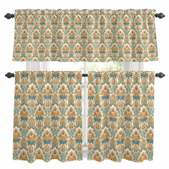 Flower Southwest Ethnic Group Kitchen Curtains Valances and Tiers Set of 3 Country Retro Style Tier Curtains and Valance with Rod Pocket for Small Windows, 27.5"x24"