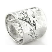 SILVER INSANITY Flower Sprig Etched Hammered Finish Adjustable Thumb Ring Sterling Silver