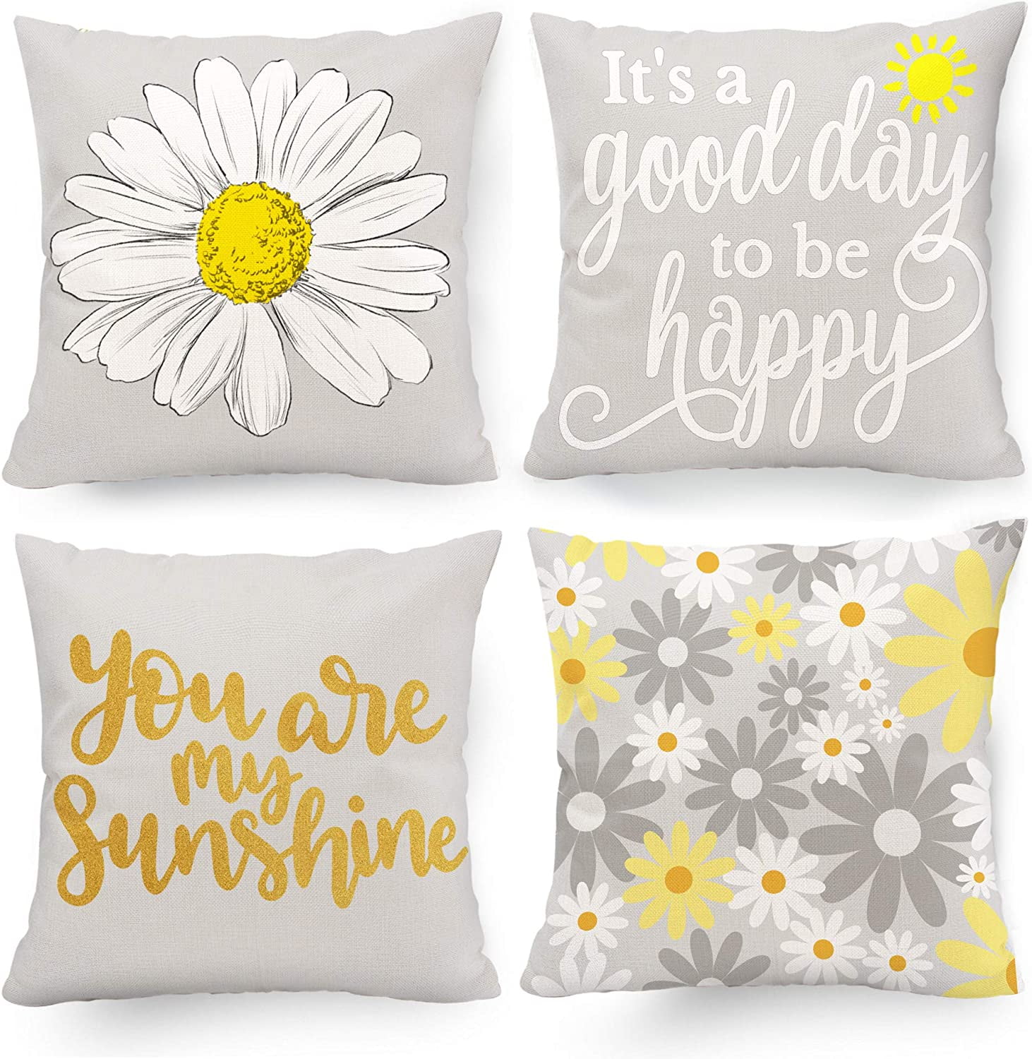 Flower Spring Pillow Covers, Happiwiz 1818 Set of 4 Spring Pillow Covers Sunflower Farmhouse Room Decor for Living Room Couch Cushion Bed Indoor Outdoor Home Decor, Yellow and Grey