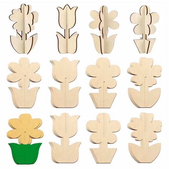 Flower Spring Wood Crafts to Paint for Adults, 48Pcs Paintable Unfinished Wooden Slices for Craft,3D DIY Flowers