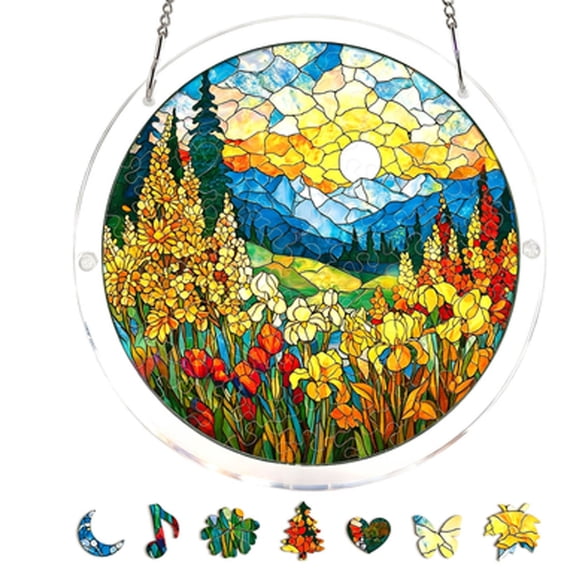 Flower Stained Glass Style Acrylic Suncatcher Puzzle, 83 Pieces DIY Jigsaw Window Hanging Ornament, Translucent Shatterproof Wall Hanging for Home Garden Decor, Creative Craft Gift