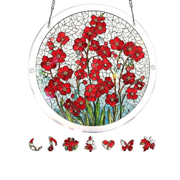 Flower Stained Glass Sun Catcher - Handmade Red Glass Decorative Stained Glass Window Hanging Decoration,Gift Idea & Garden Ornament Indoor Outdoor Use