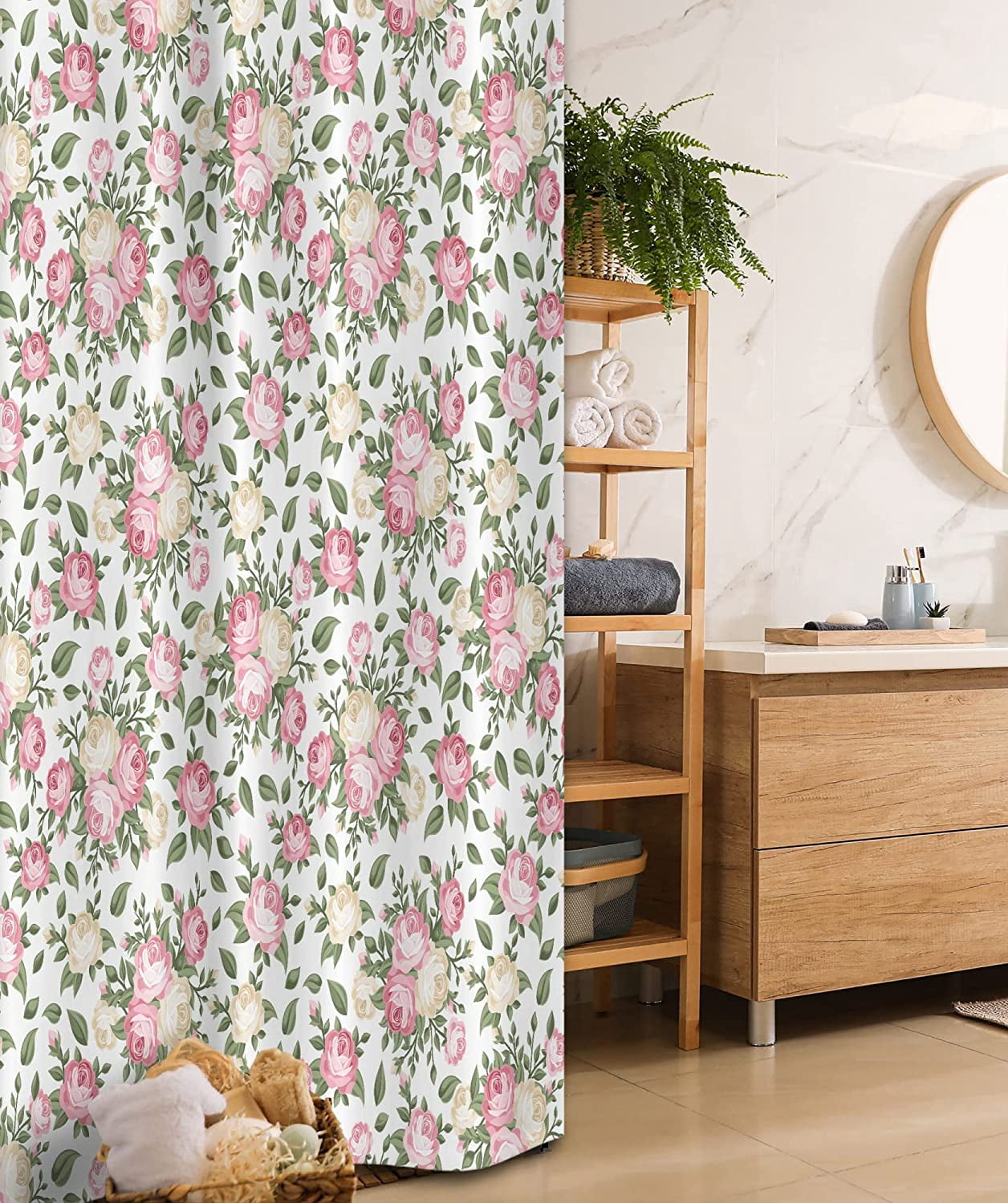 Flower Stall Shower Curtain, Roses Rosebuds Leaves Bouquet Flower Arrangements Bridal Victorian Style, Fabric Bathroom Decor Set with Hooks, 36" W x 72" L, White Pink Green