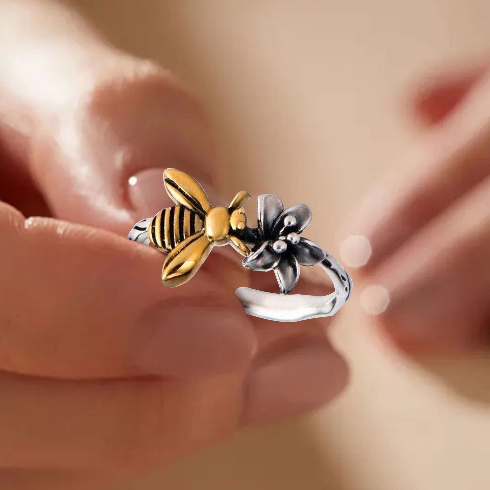 Flower Stamen Ring Female Silver Plated Retro Made Old Temperament