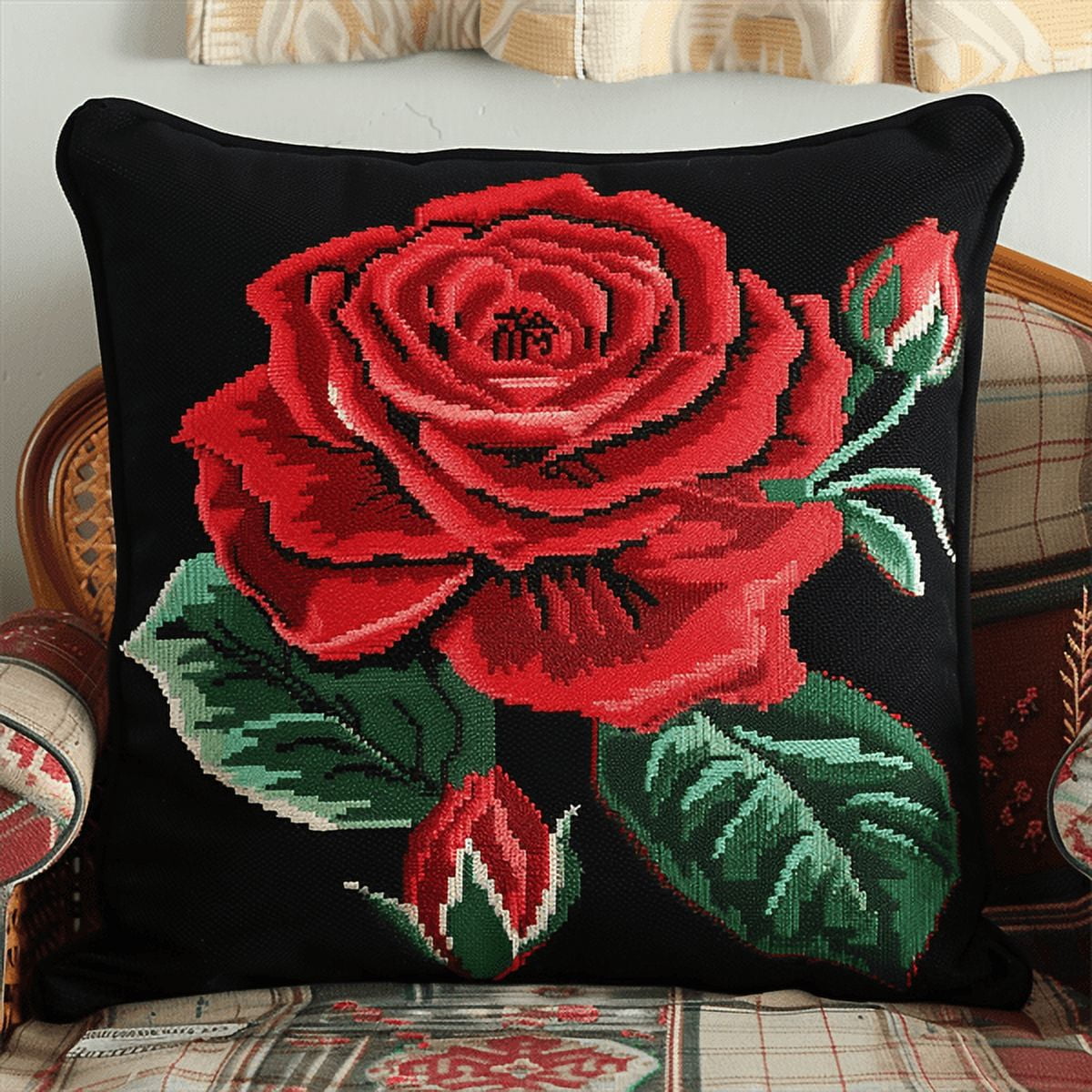 Flower Stamped Cross Stitch Pillow Case Kits, Cross Stitch Kits For Beginners, 17.72" x 17.72" x 0.4"