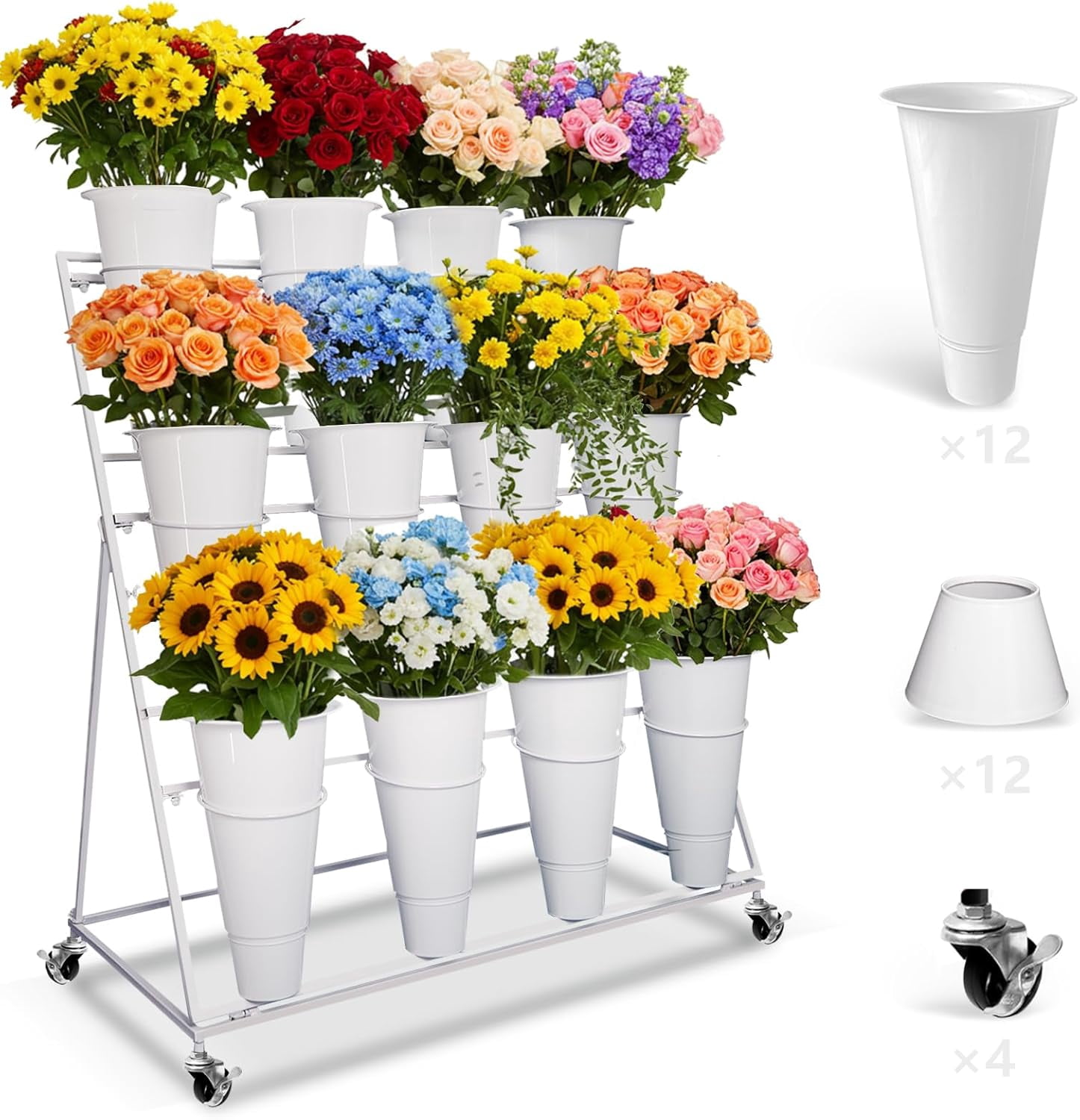 Flower Stand with 12 Buckets, White Flower Cart Display Stand with ...