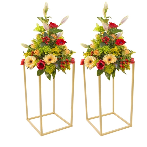 Flower Stand Floor Vase 2 Piece Wedding Flower Stand Floor Vase Table Centerpiece Metal Column Geometric Flower Display Rack Decor for 22*22*40cm Gold