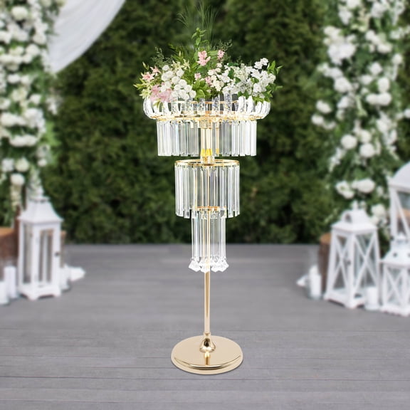 Flower Stand with Lights, 32in Gold Wedding Centerpiece Vase, 4-Tier Acrylic Floor Plant Stand with 2 Warm LED Bulbs, 11lbs Load Capacity, Tabletop Floor Dual Use for Party Home Decor