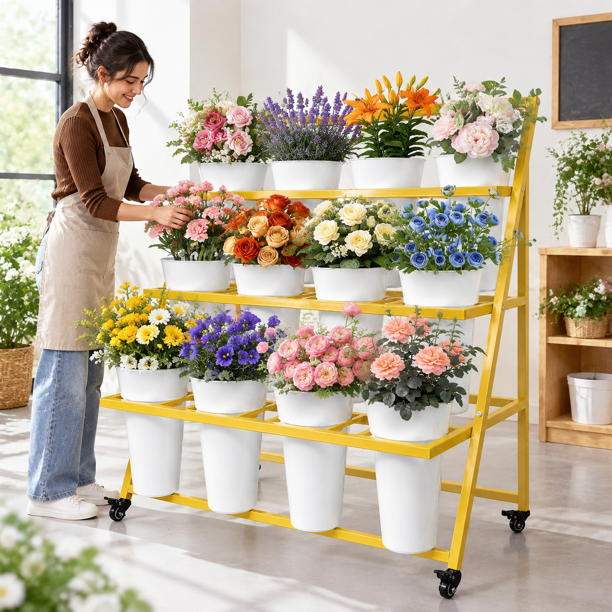 Flower Stand With 12 Buckets Display Wheels Cart Moving Florist Bouquet ...
