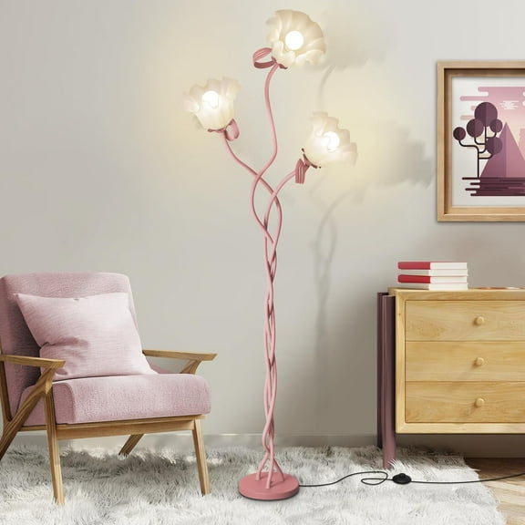 Flower Standing Lamp for Bedroom, Cute Corner Floor Lamp with Flexible Gooseneck, 3 Light Floor Reading Lamp with 3 Color Temperatures, Bulbs Included, Tall Floor Lamp for Living Room Corner(Pink)