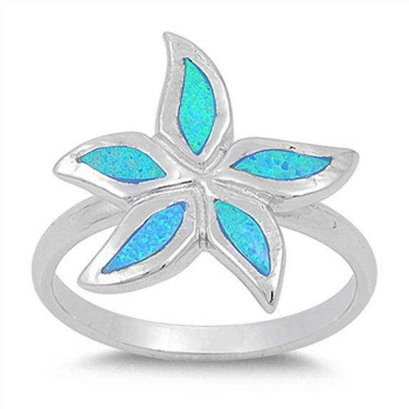 Flower Star Blue Simulated Opal Ring .925 Sterling Silver Band Cubic Zirconia Jewelry Female Size 6