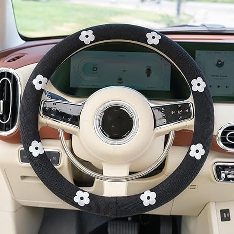 Flower Steering Wheel Cover Cute Steering Wheel Wrap Non-Slip Steering Wheel Protector fit for 14-15 inch-Black White Flower
