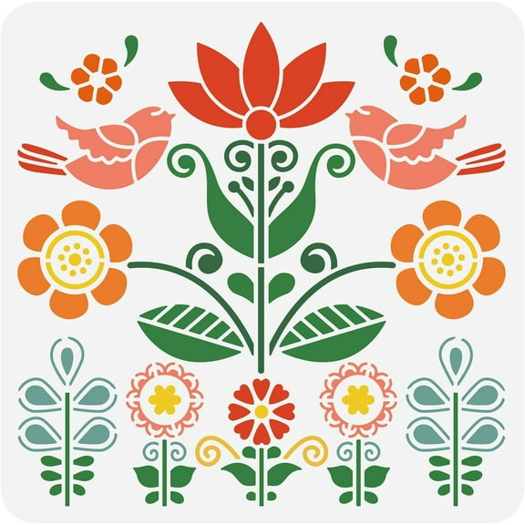 Flower Stencils 12x12" Bird Drawing Themed Plastic Stencils Template Reusable Painting Stencil for Scrapbooking Drawing DIY Furniture Wall Floor Fabric Decors colorful DIY
