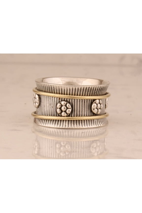 - Flower Spinner Ring – 925 Stamped Two-Tone Anxiety Ring for Men & Women, Handmade Textured Band, Meditation Ring, Mother’s Day