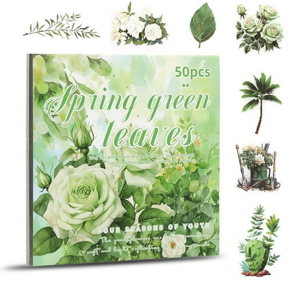 Flower Sticker, Scrapbooking Supplies for Adult Junk Journal 50 Sheets, Transparent Stickers and Material Paper Green,1 * Flower Sticker set,Green