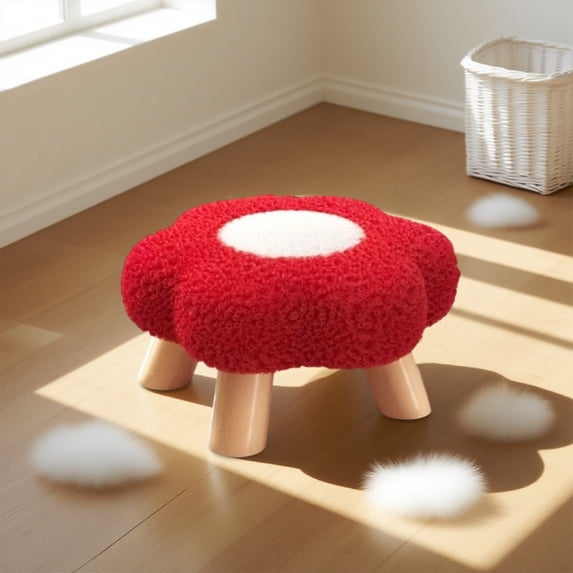 Flower Stool Round Wooden Seat, Soft Comfortable Lamb Fleece Footrest for Living Room Bedroom Study Use, Detachable Easy-to-Clean Cushion with Sturdy Solid Wood Frame