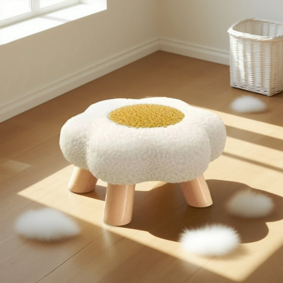 Flower Stool, Small Round Ottoman with Plush Cushion, Wooden Frame Compact Footrest for Lounge, Dorm Room, Multi-Functional Decor(White)