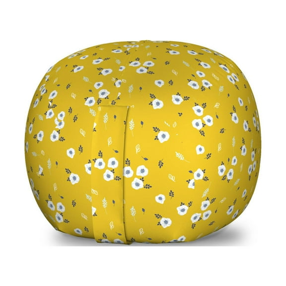Flower Storage Toy Bag Chair, Pattern with Tiny Anemones and Branches, Stuffed Animal Organizer Washable Bag, Small Size, Earth Yellow White, by Ambesonne