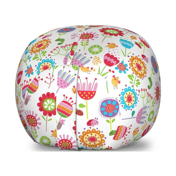 Flower Storage Toy Bag Chair, Playful Garden Colorful Meadow with Blossoming Flowers Strawberries Birds Animals, Stuffed Animal Organizer Washable Bag, Large Size, Multicolor, by Ambesonne