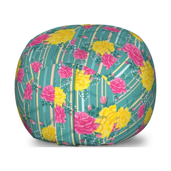Flower Storage Toy Bag Chair, Retro Repetitive Pattern with Pink and Yellow Tone Roses on Striped Backdrop, Stuffed Animal Organizer Washable Bag, Large Size, Multicolor, by Ambesonne
