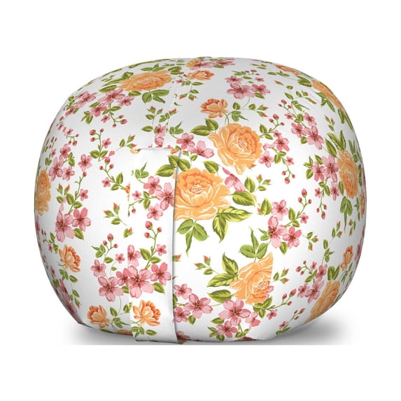 Flower Storage Toy Bag Chair, Vibrant Color Peony Pattern Poppy Love Wedding Celebrations Theme Print, Stuffed Animal Organizer Washable Bag, Small Size, Pale Orange Green Rose, by Ambesonne