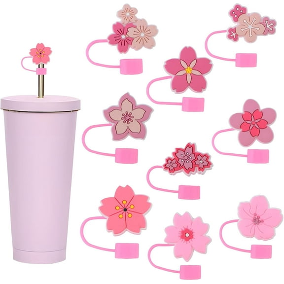 Flower Straw Cover Cap 9PCS Convenient Protective Silicone Straw Tip Cap Dust Resistant Reusable Cute Water Bottle Accessories Straw Decoration for 9-10mm Straws (Pink)