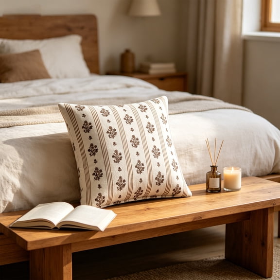 Flower Striped Decorative Throw Pillow with Insert - Square Cushion for Couch, Bed, Living Room