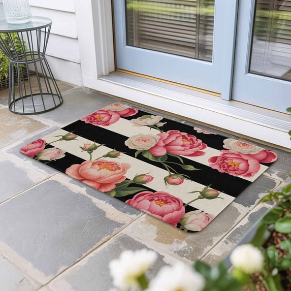 Flower Stripes Door Mat Indoor Outdoor, Black White Geometric Pink Rose Floral Non Slip Welcome Mat with Rubber Backing, Absorbent Fabric Front Door Mats Entryway Rug for Home Patio Entrance 18"x30"