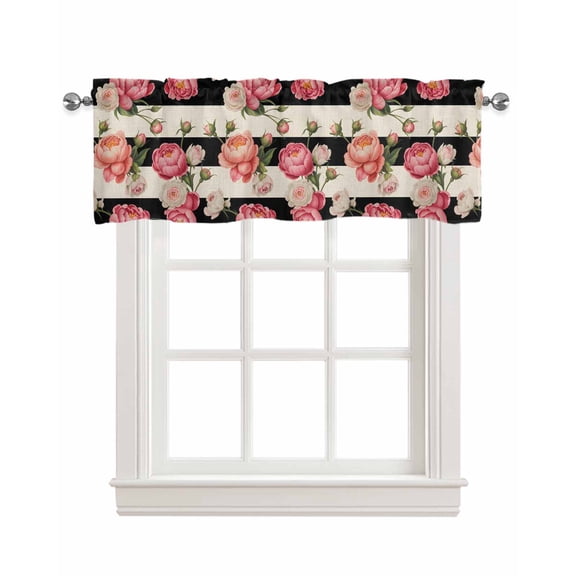 Flower Stripes Kitchen Valances for Windows Farmhouse Linen Window Valance Curtain for Living Room Window Treatment Black White Geometric Pink Rose Floral Valance Rod Pocket Topper, 42 x 18 Inch