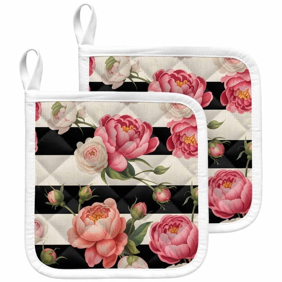 Flower Stripes Pot Holders for Kitchen Heatproof Potholder, 2 Pack Black White Geometric Pink Rose Floral Hot Pads Multipurpose Oven Pads Cloth Potholders Trivet for Cooking and Baking
