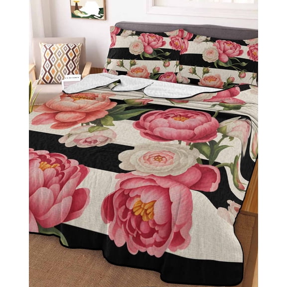 Flower Stripes Queen Size Down Alternative Comforter, Lightweight Comforter Quilt Bedding Set with Pillow Shams Black White Geometric Pink Rose Floral All Seasons Bed Comforter Duvet Insert 90"x96"