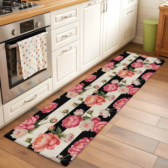 Flower Stripes Runner Rug 2x6 FT, Non Slip Hallway Carpet, Black White Geometric Pink Rose Floral Washable Soft Floor Carpet Throw Runner Carpet Long Rug for Entryway Kitchen Bedside Sliding Door